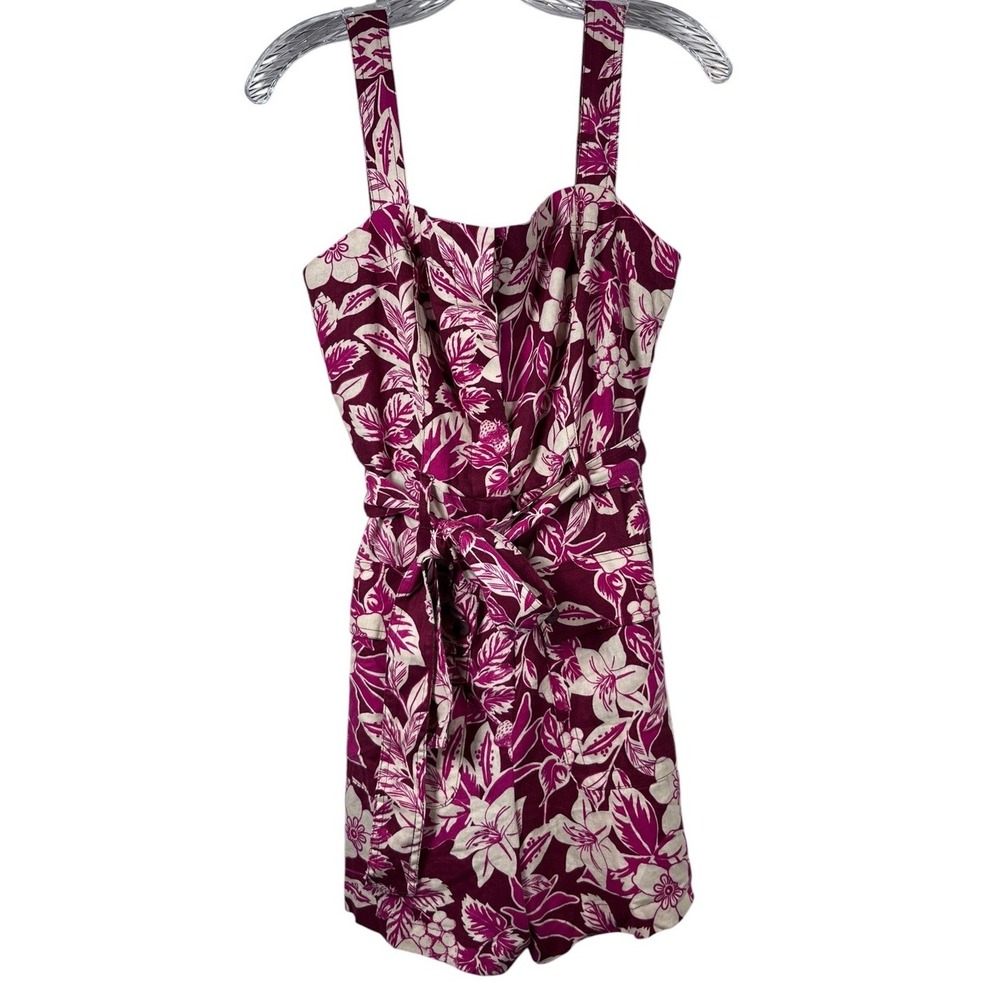 New BELLE VERE Sz 6 Romper Jumpsuit Pink Red Linen Blend Belted Strawberries NWT